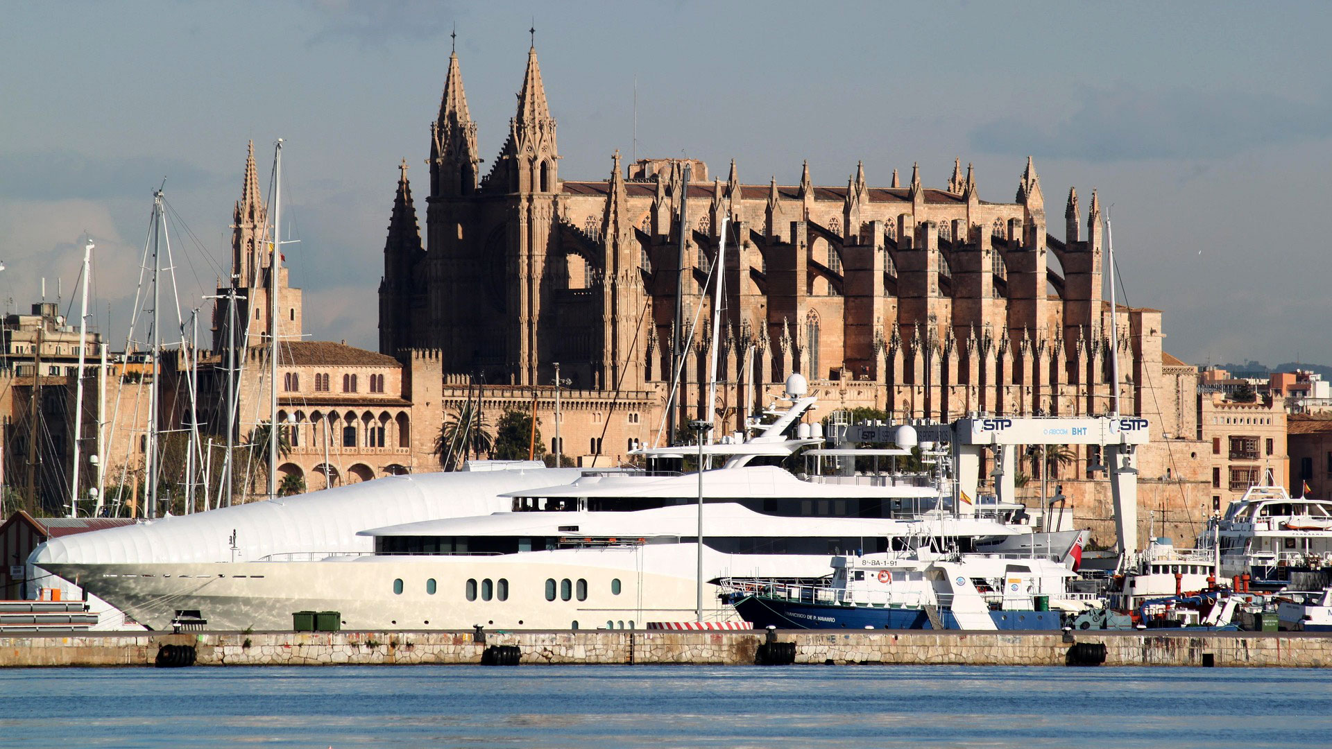 Harbour of Palma de Majorca. In the background the cathedral of Palma and in the foreground the harbour with yachts