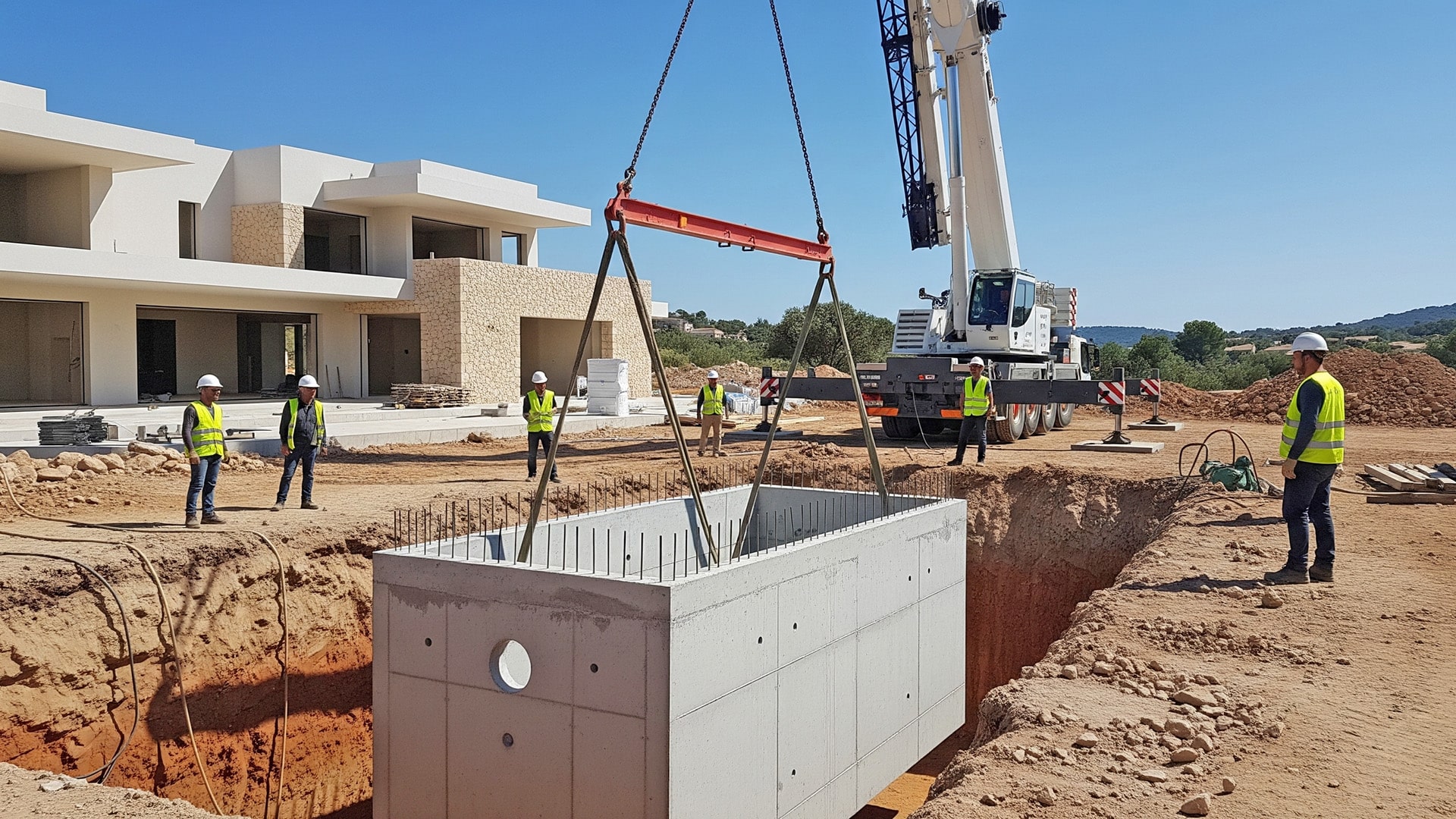 En la imagen se ve una obra. En primer plano, una gran grúa móvil baja una pieza prefabricada de hormigón macizo, probablemente un depósito de agua, a una excavación preparada para tal fin. Varios obreros con cascos de seguridad y chalecos reflectantes se encuentran alrededor de la excavación y supervisan el proceso. Al fondo se ven edificios residenciales modernos, ya casi terminados, con fachadas claras. La escena muestra los trabajos típicos de una nueva construcción, en la que se colocan con precisión grandes piezas prefabricadas con ayuda de maquinaria pesada. Traducción realizada con la versión gratuita del traductor DeepL.com