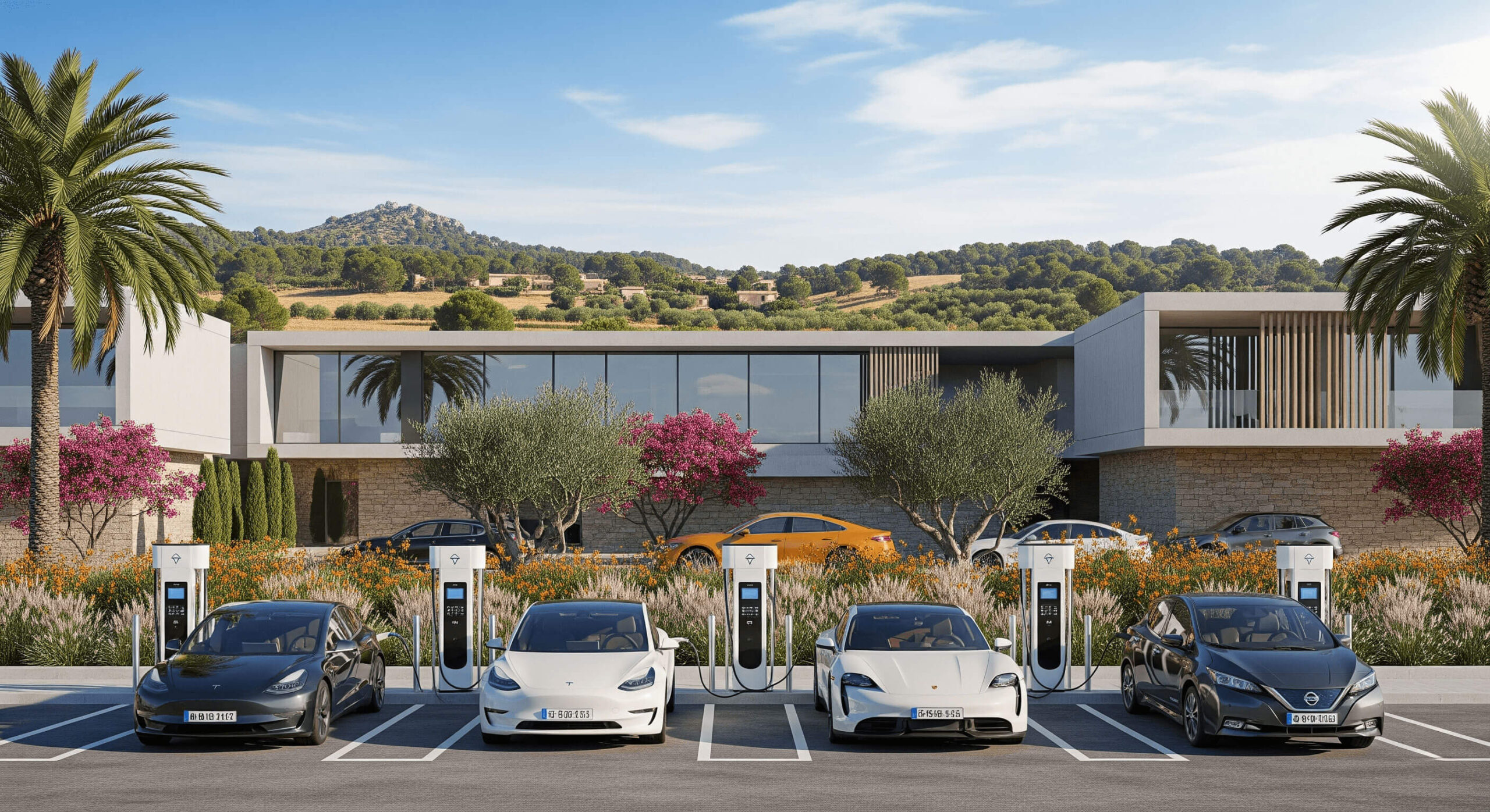 Complejo residencial moderno con estilo mediterráneo. Delante del edificio hay varios vehículos eléctricos conectados a estaciones de recarga.