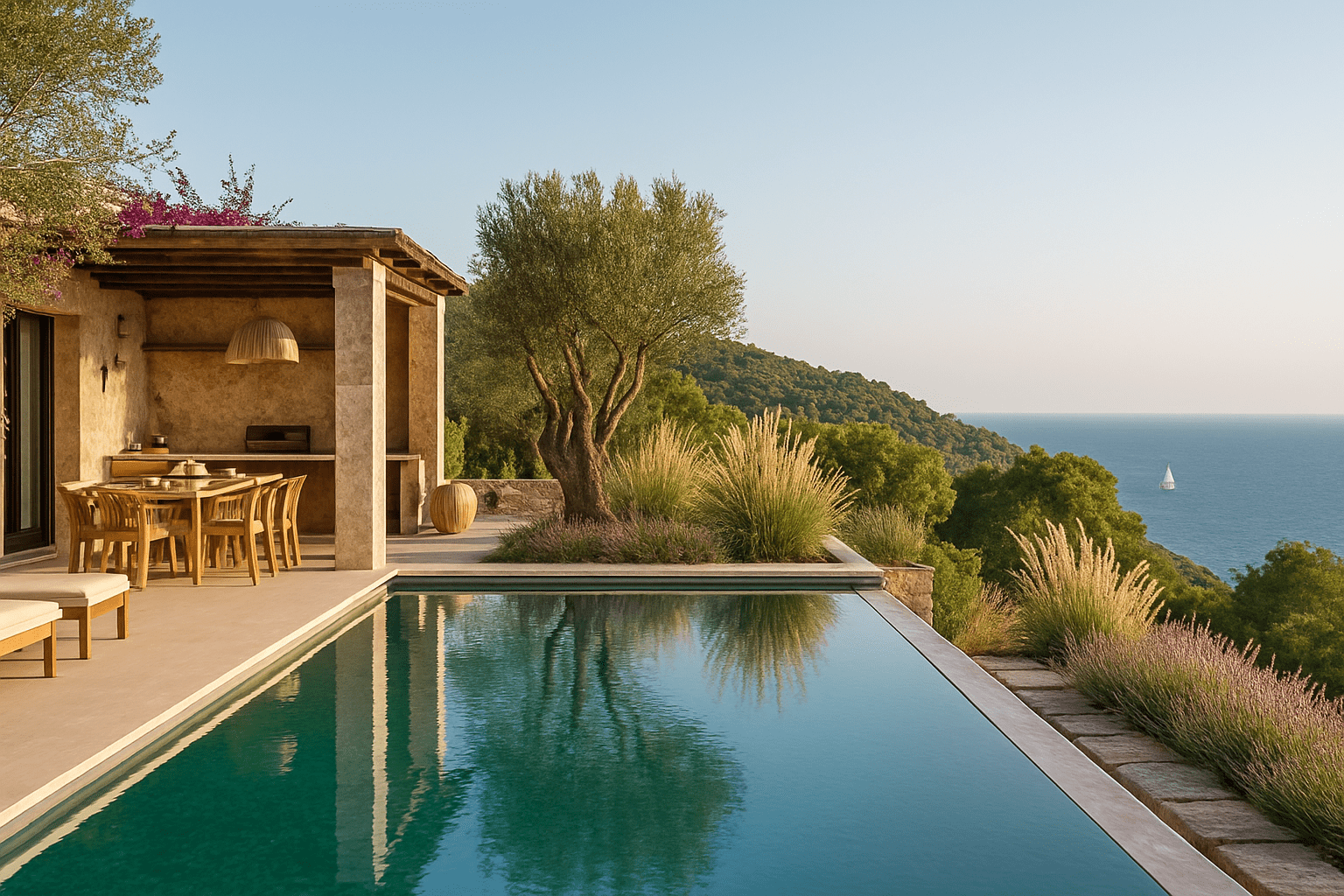 Finca mit großer Terrasse, Pool und Außenküche. Meer im Hintergrund