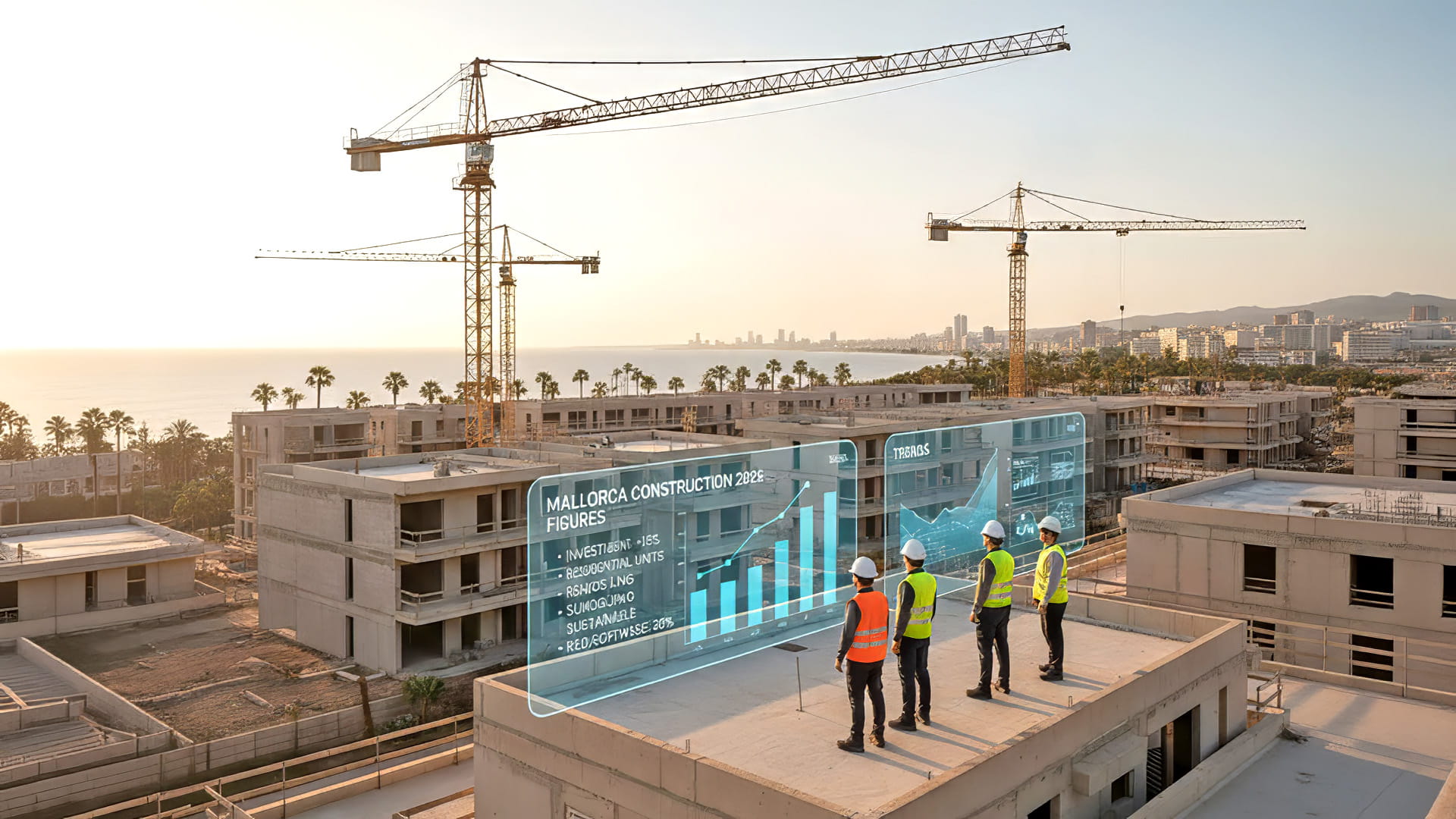 La imagen muestra una gran obra junto al mar con varios edificios y grúas. En un tejado hay cinco obreros con cascos y chalecos reflectantes delante de una pantalla digital con gráficos.